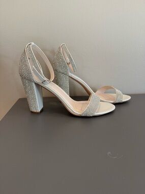 Women's Silver Crystal Block Heel Sandals with Ankle Strap